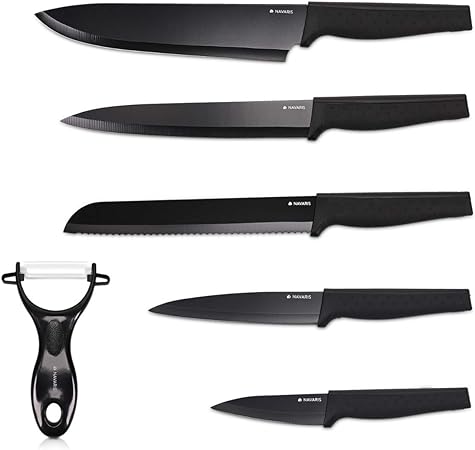 Navaris Knives and Peeler Set - 5 Stainless Steel Kitchen Knife & 1 Potato Peeler Set - Ceramic Blade Peeler & 5 Knives with Black Blades and Handles