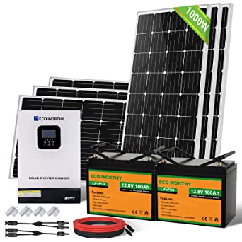 ECO-WORTHY 1000W 24V Solar Power System 4kWh/day with Battery and Hybrid Solar Inverter for Home Shed RV: 6pcs 170W Solar Panels  2pcs 100Ah Lithium Batteries  3000W 24V Hybrid Inverter