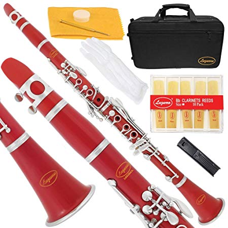 Lazarro 150-RD-L B-Flat Bb Clarinet Red-Silver Keys with Case, 11 Reeds, Care Kit and Many Extras