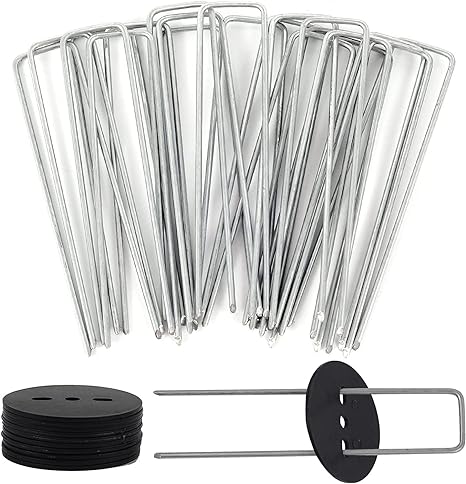 VASLON 200 Pack 6 Inch Garden Staples with Fixing Gasket Galvanized Garden Peg Pins Heavy Duty s Landscape Fabric Pins,U-Shape Metal Pins SOD Yard Stakes for Securing Landscape Fabric,Ground Sheeting,Artificial Grass,Soaker Hose, Fence(100 Garden Staples with 100 Fixing Gasket)