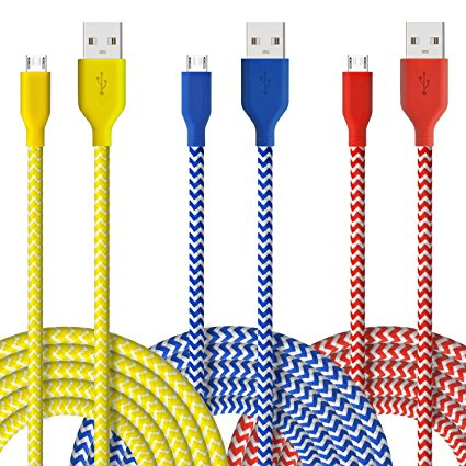 [3 Pack] Fasgear Micro USB(10ft) - Durable Charging Cables [Braided Nylon] for Samsung, Nexus, LG, Android Smartphone and More (Yellow,Blue,Red)