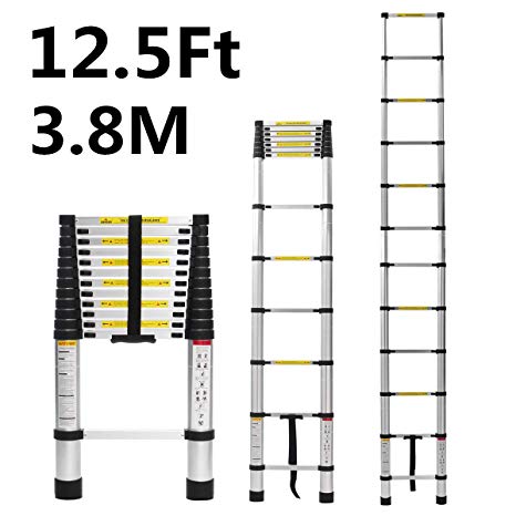 KINGSO Telescoping Ladder 12.5 FT Aluminum Extention Ladder, ONE-Button RETRACTION Portable Ladder ANSI Certified Extendable Ladder with Spring Loaded Locking Mechanism, 330 Pound Capacity