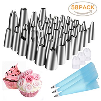 Piping Nozzle Set for Cake Decorating, AINEED 58 Pieces Nozzles Kit with 3 Reusable Piping Bags, 3 Couplers for Cakes Cupcakes Decorating, Cookies Pastry Cakes Cupcakes Making Tools (Stainless Steel)