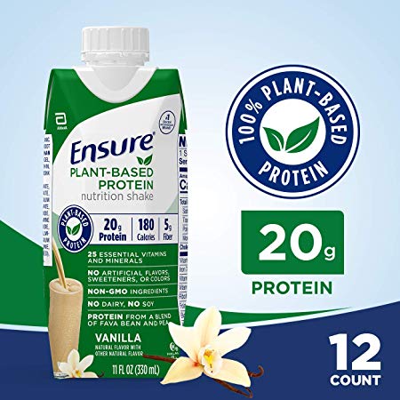 Ensure 100% Plant-Based Vegan Protein Nutrition Shakes with 20g Fava Bean and Pea Protein, Vanilla, 11 fl oz, 12 Count