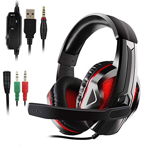 JAMSWALL LED Stereo Gaming Headset for PS4, PC, Xbox One Controller, Noise Cancelling Over Ear Headphones with Mic, LED Light, Bass Surround, Soft Memory Earmuffs (Black with LED)