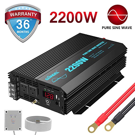 Pure Sine Wave Power Inverter 2200Watt DC 12volt to AC 120volt with Dual AC Outlets and 2.4A USB Port & LED Display Remote Controller for RV Trucks Boats and Emergency