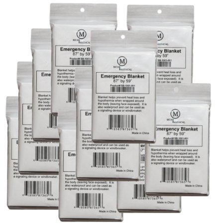 Pack of 10 Large Silver Emergency Blankets 87 by 59 MCR Medical Supply