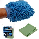 Aces-Deluxe Microfiber Car Wash Mitt  Microfiber Drying Towel Premium Chenille Plush Wash Glove Sponge with Elastic Wrist Band and High Quality Waffle Dry Towel