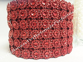 Perfectmaze 4" X 10 Yards (30 Feet) Flower Mesh Rhinestone Ribbon Wrap for Wedding, Party, and Events Decoration (Flower Diamond, Red)