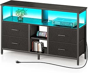 Rolanstar TV Stand with Power Outlets and LED Light, 4 Fabric Drawers Entertainment Center for 32/45/55 inch TVs, Media Console with Storage for Living Room or Bedroom, Black