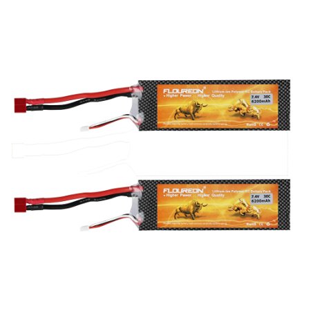 FLOUREON 2-Pack 7.4V 6200mAh Li-Polymer Battery 30C 2S RC Battery Pack 5.70*2.0*1.14 Inch with Deans T Connector for RC Hobby, RC Airplane, RC Helicopter, RC Car/Truck, RC Boat