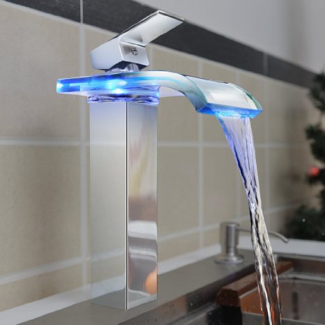 Harrahs 1001 Deck Mount Water Power Waterfall Bathroom Sink Faucet with Color Changing LED Lights Glass Spout, Polished Chrome