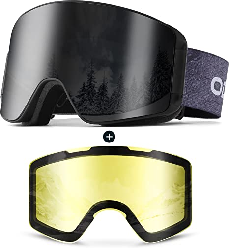 Odoland Ski Goggles with Detachable Lens, Frameless Interchangeable Lens Anti-Fog 100% UV Protection Snowboard Snow Goggles