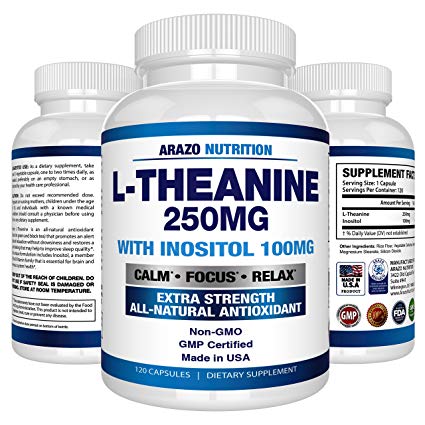 L-Theanine 250mg (EXTRA STRENGTH) with Inositol 100mg, 120 Capsules Vegetarian, Arazo Nutrition