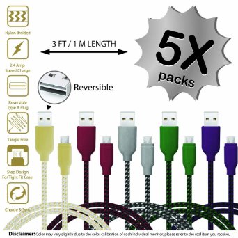Micro USB Cable, 5 Pack Alia Tech 3.3 ft Nylon Braided Fast Quick High Speed Micro USB Charger Cable for Samsung Smart Phones, Reversible Micro USB To USB, Date Sync Cable A Male to Micro USB