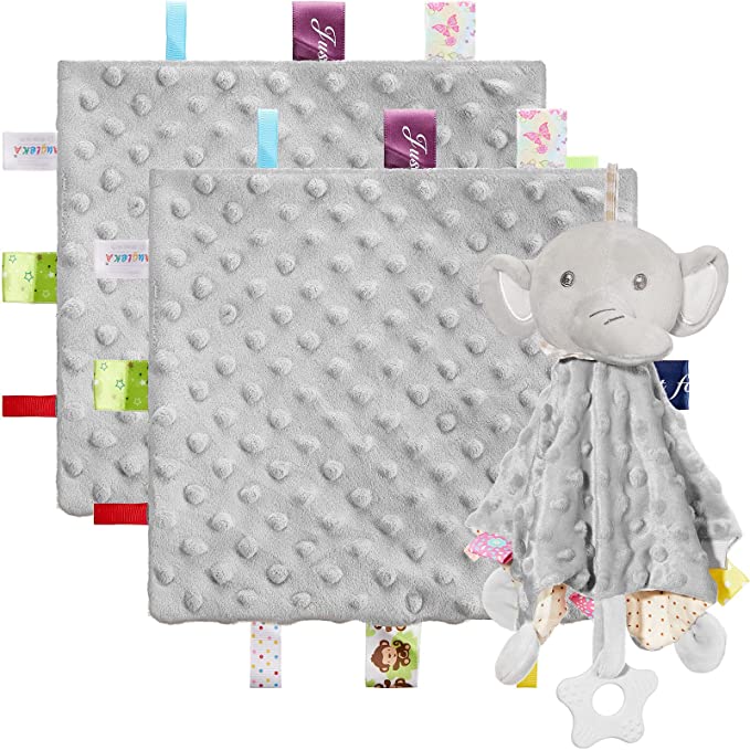 3 Pieces Baby Elephant Security Blanket Lovey Blanket with Tag Soft Baby Lovey Stuffed Animal lovies for Babies Newborn Tag Blanket