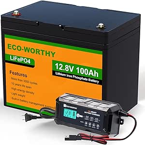 ECO-WORTHY 12V 100AH LiFePO4 Lithium Battery and 12V 10A Automatic Smart Battery Charger, Built-in BMS Low Temperature Protection, Up to 15000  Deep Cycles, for RV, Trolling Motor, Solar System