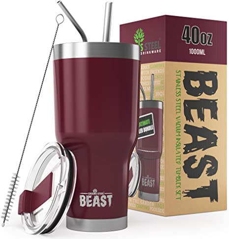 BEAST 40oz Cranberry Tumbler - Stainless Steel Insulated Coffee Cup with Lid, 2 Straws, Brush & Gift Box by Greens Steel