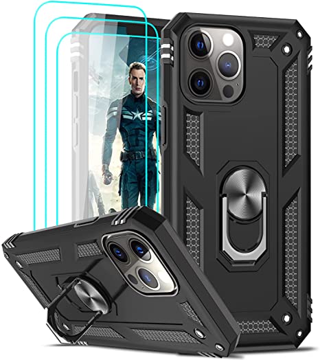 LeYi for iPhone 13 Pro Max Case and 3 Tempered Glass Screen Protector,Ring Holder Military Grade Protective Silicone Shockproof Tough Hard Armor Phone Cover for Apple iPhone 13 Pro Max 6.7", Black