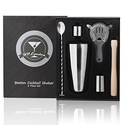 Boston Cocktail Set | Cocktail Shaker Set and Home Cocktail Making Kit, 800ml Shaker, Strainer, Muddler, Twisted Mixing Spoon, 25ml & 50ml Thimble Bar Measures, Giftbox