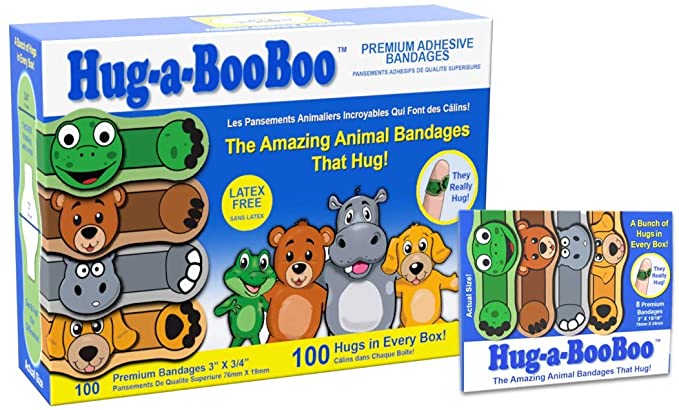Hug-a-Booboo The Amazing Animal Hugging Kid Bandages 100 Count Box with Bonus Travel Pack