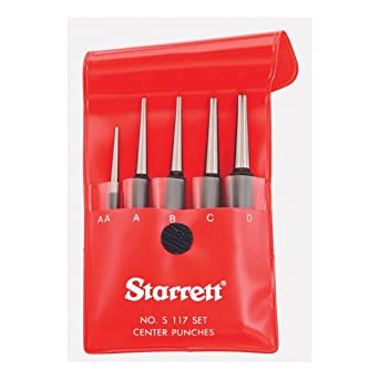 Starrett S117PC Set of 5 Center Punches, 1/16", 5/64”, 3/32”, 1/8”, 5/32" Diameters, in Plastic Case