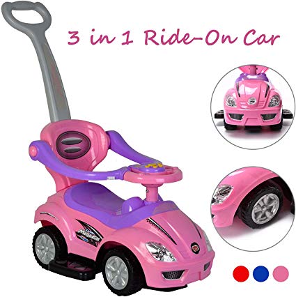 ChromeWheels 3 in 1 Ride on Toys Pushing Car with Guardrail,Mega Car for Toddler Wagon Handle Stroller,Color Pink