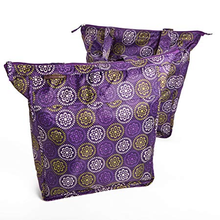 Rachael Ray Market Tote Bags, Set of 2 Reusable Grocery/Shopping Bags, Zipper Top, Foldable, Purple Floral Medallion