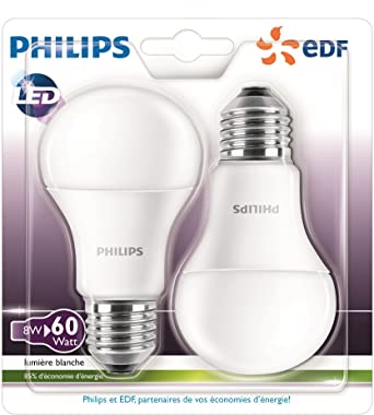 Philips Pack of 2 LED Light Bulbs (E27 (large screw) base- 8W-consumption 60W Equivalent-Partnership Philips EDF