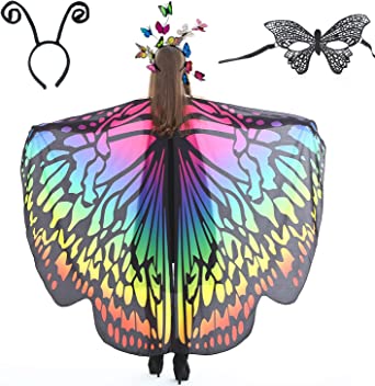 CISMARK Butterfly Wing Cape Shawl with Lace Mask and Black Velvet Antenna Headband and butterfly Headband (3/4pcs)/set