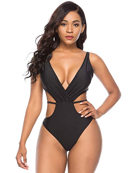 Vibesicily Deep V One Piece Swimsuit, Sexy Cutout Swimwear High Waisted Swimsuit Monokini Bathing Suits for Women