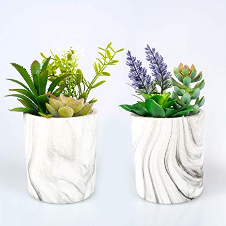 CADEAU Artificial Succulent Plants - Set of 2 Pots - 6 Colorful and Realistic Fake Succulents in Modern Marble Design Pot-Medium Size of Fake Decorative Large Plant Potted-Indoor Decor for Home Office