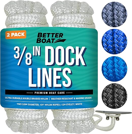 Dock Lines Boat Ropes for Docking 3/8" Line Double Braided Mooring Marine Rope 15FT Nylon Rope Boat Dock Line for Docking Ropes for Boats with Loop Boating Rope Braided 15' Feet Ties White 2 Pack