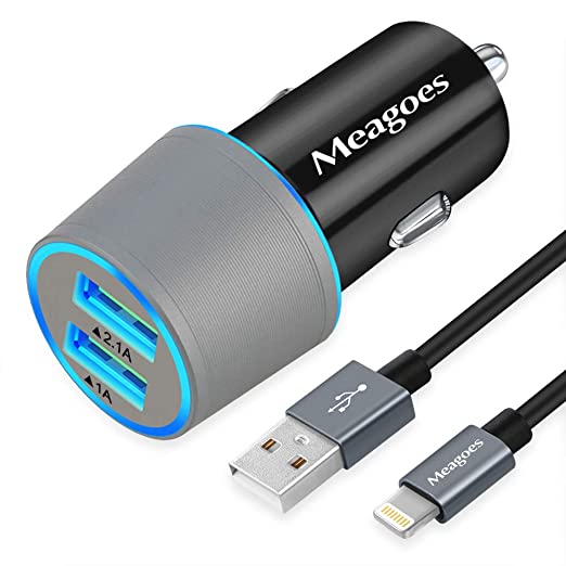 Meagoes Car Charger MFi Certified, 3.1A Dual USB Port Charging Adapter Compatible for Apple iPhone 11 Pro Max/11 Pro/11/SE 2020/XS Max/XR/X/8 Plus/8/7/6/SE/5/iPad/Mini/Air - 3.3ft Lightning Cable Cord