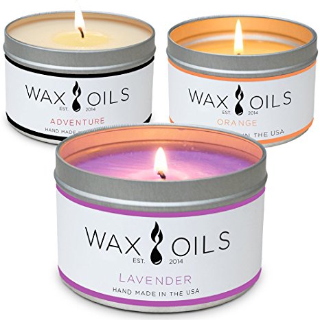Scented Candles (Lavender, Orange & Adventure 3-pack) Soy Candles Aromatherapy, 8oz X 3