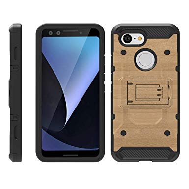 TurtleArmor | Compatible for Google Pixel 3 Case [Armor Pro] Full Body Protection Armor Hybrid Kickstand Rugged Cover Holster Belt Clip Case - Maple Wood