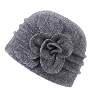 Dantiya Women's Winter Warm Wool Cloche Bucket Hat Slouch Wrinkled Beanie Cap With Flower