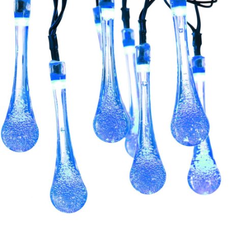 Solar Outdoor String Lights, ICICLE 15.7ft 8 Light Modes 20 LED Water Drop Fairy String Lighting for Garden Decorations, Fence, Patio, Christmas, Wedding, Party, Home and Holiday (Blue)