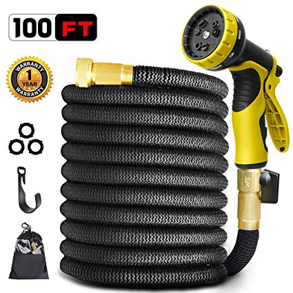 MOSOY 100FT Garden Hose, Expandable Water Hose with 9 Function Spray Pattern Nozzle, 3/4" All Solid Brass Connector no Rust & Leak, Durable Double Latex Core & Extra Strength - UPGRADED