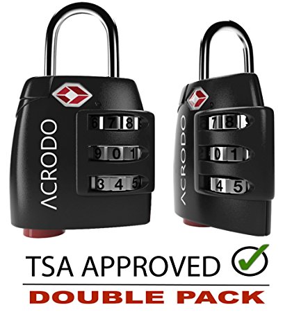 Acrodo TSA Approved All Metal International Travel Luggage Lock 2 Pack, with Search Alert Pop Up Indicator and Padlock Combination, for Suitcase and Baggage
