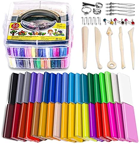 Polymer Clay Starter Kit, 36 Colors Oven Bake Clay, Baking Modeling Clay, DIY Craft Clay, 5 Sculpting Tools, Accessories, and Storage Box. 36 Blocks (1 oz/Piece)