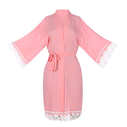 ellenwell Women's Cotton Knit Kimono Robe for Bride and Bridesmaid with Lace Trim Nightwear