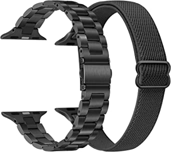 TRUMiRR Band Sets for Apple Watch Series 8 7 41mm Midnight, 2 Pack Slim Stainless Steel Watchband & Stretchy Nylon Strap for iWatch SE Series 8 7 6 5 4 3 2 1 41mm 40mm 38mm