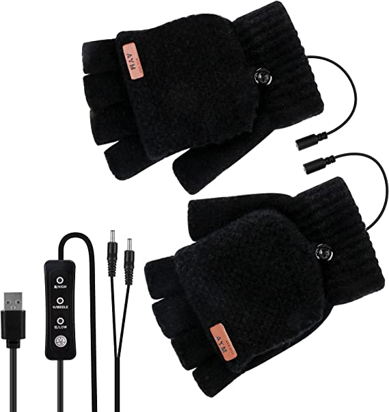 Anpress USB Heated Gloves 3 Heating Levels Adjustable Unisex Heated Fingerless Gloves Convertible Fingerless Mittens Winter Knit Hand Warmers Heated Half Gloves Computer Gloves Laptop Gloves--Black