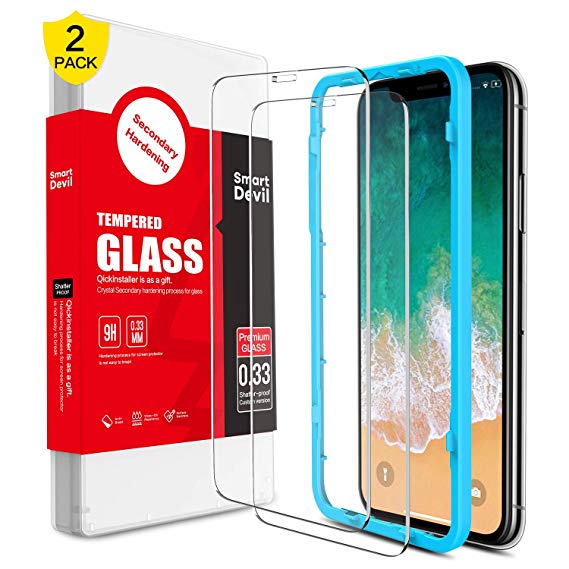 SMARTDEVIL iPhone X XS Screen Protector Tempered Glass (2 Pack) [3 second quick installation] [9H Hardness] [0.33mm] [Bubble-Free] [Anti-fingerprint] [HD Clear] for Apple iPhone X/XS Tempered Glass