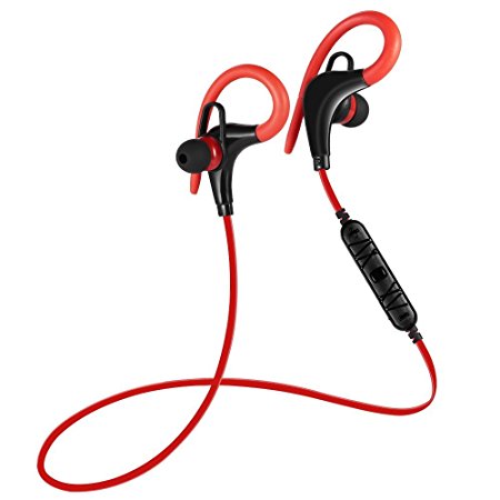 Bluetooth Earbuds, Wireless Stereo Headset with Soft Ear Hooks Sweat-proof Headphone with Mic and volume control for iPhone HTC Smartphones and More (Red)