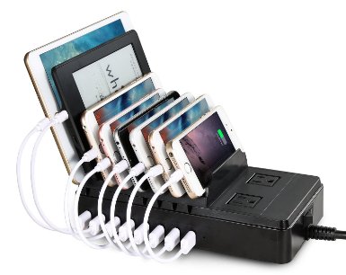 Upow 8-Port USB Charging Station with 2 AC Outlets [68W/2.4A Max] Desktop Multi-Device Charging Stand Organizer Docks for iPhone 6s / 6s Pus Galaxy S7/ S7 Edge and More