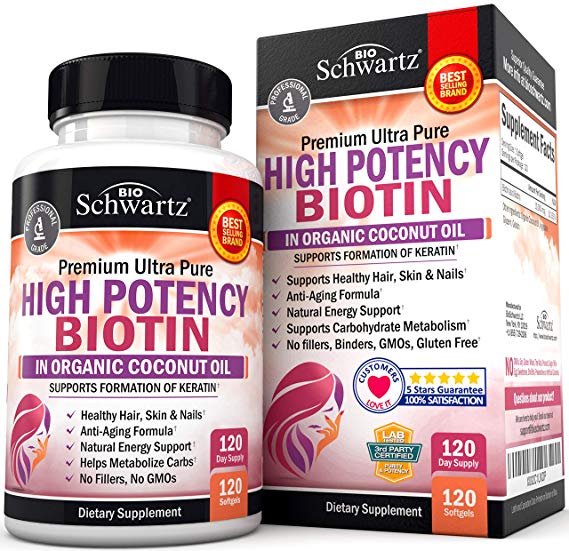 High Potency Biotin 10000mcg Supplement with Organic Coconut Oil - for Hair Growth, Skin & Nail Support - Promotes Keratin Formation & Hydration - Anti-Aging, Metabolism & Natural Energy Support