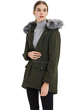 Plusfeel Women's Outdoor Military Parkas Mid Length Jacket Coat with Faux Fur Hood