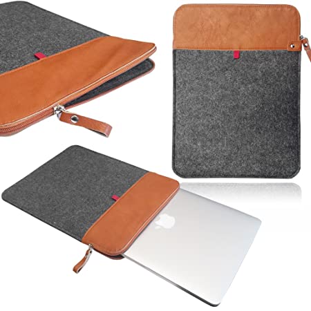 Love My Case / MacBook Laptop Case Vertical Felt & Leather sleeve with ZIP, Carrying Case, Cover/BROWN & DARK GREY/for Apple MacBook Air 13" (13.3 inch)